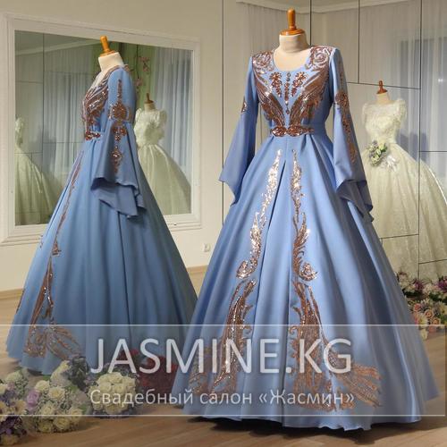 Open dress card WD-62AL Мусульманское золотое/голубое свадебное/вечернее закрытое с длинным рукавом блестящее