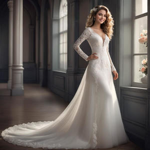 Клик для просмотра Белое не пышное свадебное платье на корсете, со шлейфом. Длинный узкий рукав из гипюра. Шлейф из фатина. Платье можно сшить в бежевом цвете.