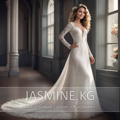 Открыть карточку платья XW-13 Белое свадебное закрытое с длинным рукавом со шлейфом